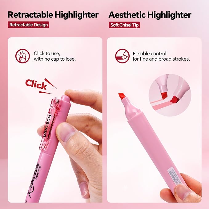 WRITECH Gel Pens Journaling Highlighters: Pink Journal Set Assorted Pastel Color 0.5mm&0.7mm Fine Point Retractable Black Ink Pen Mechanical Pencil Smooth Writing Drawing 8ct