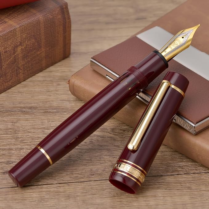 Wikult Yongsheng Junlai 930 Acrylic Fountain Pen, Size 9 Fine Nib with Piston Filling System, Wine Red Fence Ink Tank with Flat Top Design Smooth Writing Pen (Gold Trim)