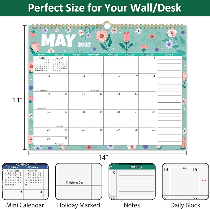 2026-2027 Wall Calendar 18 Months, Wall Calendar from July 2026 to December 2027, Large Hanging Calendar with Thick Paper, Perfect for Home and Office Monthly Organizing & Planning, 14"x11", Seasonal