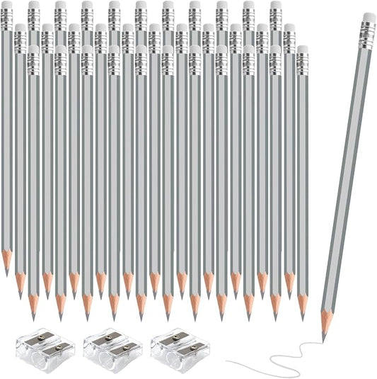 36 PCS Silver Colored Pencils with Eraser Pre Sharpened Pencil 2 HB - Ideal for Checking, Grading, Tests & Office/School Supplies (Silver)