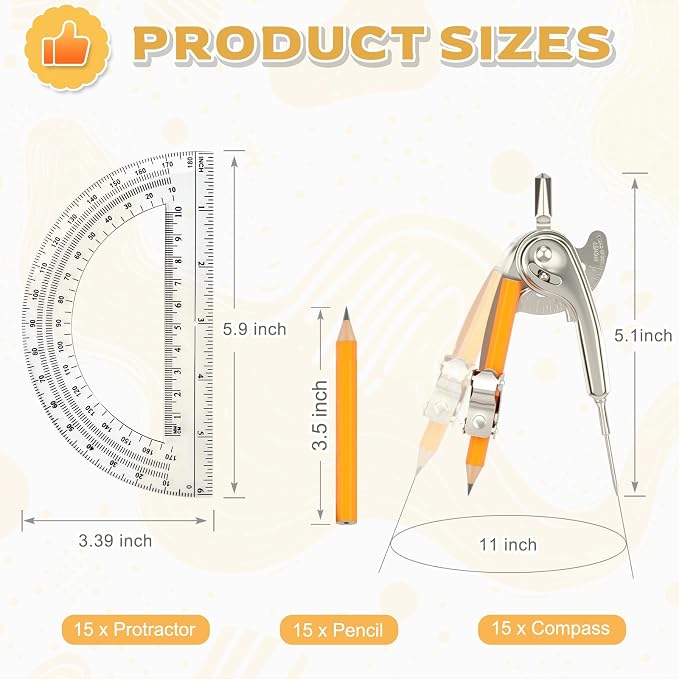 Mototo 30-PCS Geometry Tool Set, Math Compass for Geometry and 6 Inch Protractor Set Include Metal Compass with Pencil and Clear Plastic Protractor for Student Classroom Office Woodworking Art Drawing