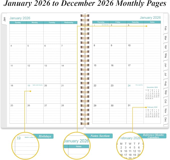2026 Daily & Monthly Planner - One Page Per Day, Daily Planner 2026 from January 2026 to December 2026, Planners 26 with 12 Monthly Tabs, 6.4" x 8.5", Teal Flowers
