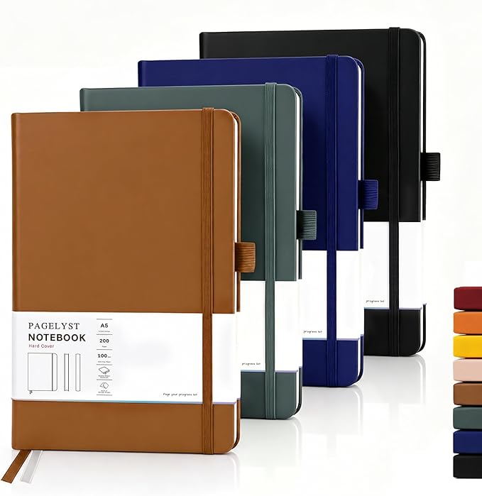 PAGELYST Graph Grid Paper Notebook, 200 Pages,4 Pack Leather Hardcover Notebook, A5 Medium 5.7'' x 8.3'', 100 GSM Thick Paper for Students, Math, Engineering (Classic Color Set)