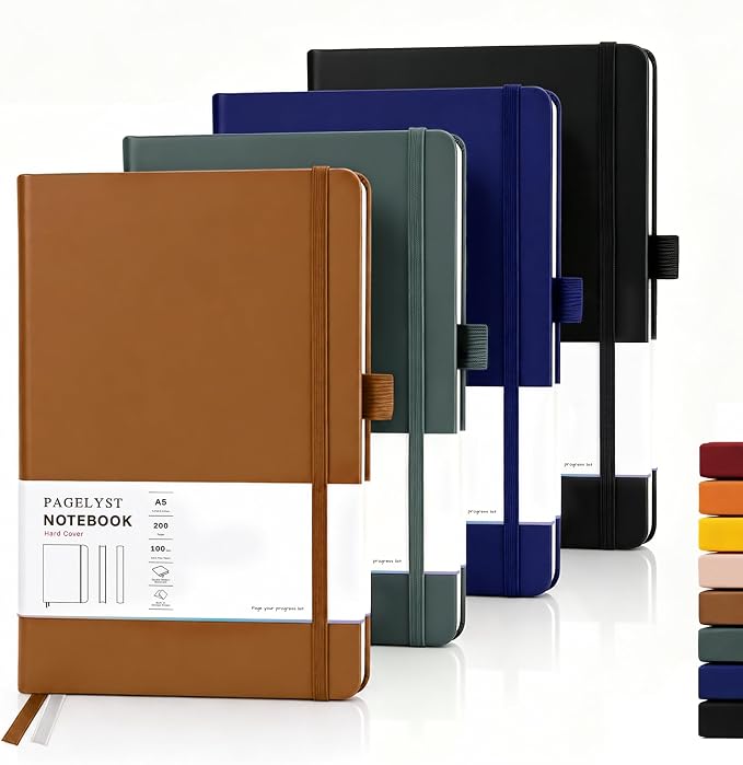 PAGELYST Dotted Journal Notebook, 200 Pages,4 Pack Leather Bullet Journal for Women Men, A5 Medium 5.7'' x 8.3'', 100 GSM Thick Paper for Journaling, Planning, Tracking (Classic Color Set)