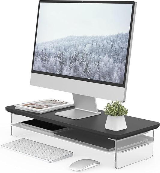 Fenge 23.6" Monitor Stand with Clear Acrylic Legs, Black | Clear Acrylic, Storage Compartment, 2-tier Home Office Monitor Riser, Wide Large Desktop Shelf Fit Monitor/Laptop/Printer