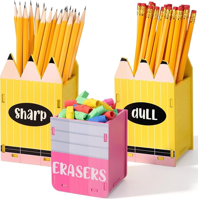 DoubleFill 3 Pcs Sharp and Dull Pencil Holder Eraser Buckets Wooden Shaped Dispenser for Back to School Teachers Classroom Management (Sharpened Pencil)