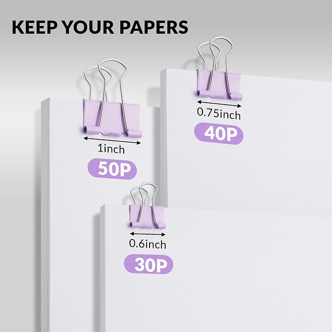 NEEWAY 100 Count Binder Clips Assorted Sizes, Paper Binder Clips (0.6inch 0.75inch 1inch), Metal Paper Clamps for Office and Home (Purple)