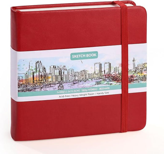Prudiut Hardcover Pocket Sketchbook, 5" x 5" Square Mini Sketchbook, 98lb/160gsm Heavyweight Tiny Sketch Book, 80 Sheets Small Travel Drawing Journal for Adults, Artist, Ideal for Gift (Red)