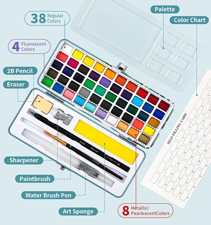 Watercolor Workbook Seaside, Water Coloring Book, 12 Different Patterns of Original DIY Designs, 50 Colors Watercolor Paint Set with Palette and Brush, Beginner-Friendly Watercolor Workbooks (Seaside)