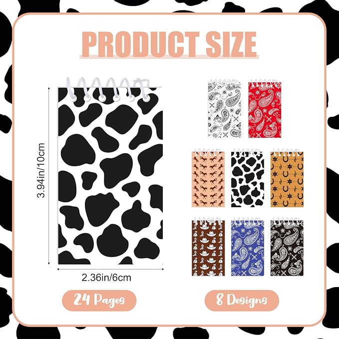 Teling 24 Pcs Western Cowboy Cowgirl Party Favors Spiral Notebooks, 8 Styles Country Style Small Notepads, Mini Decorative Memo Pads West-themed Stationery, Country-style Decor, Themed Party Supplies