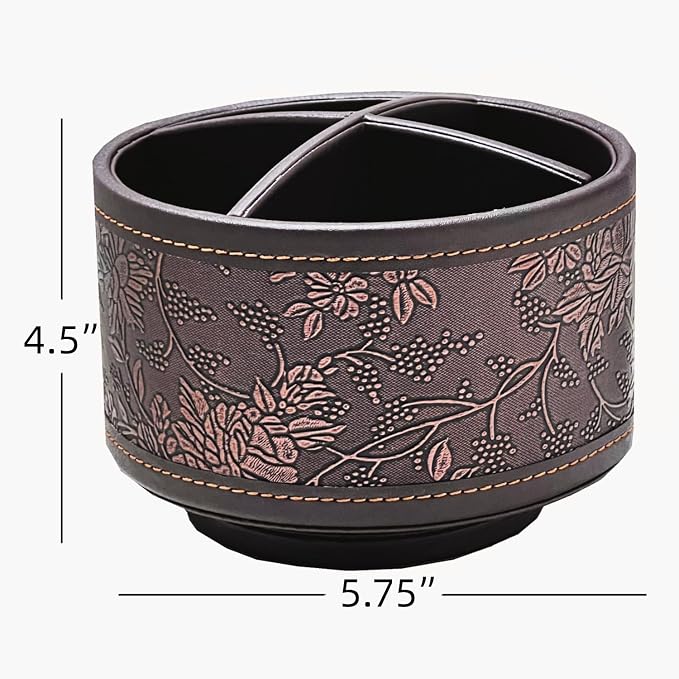 PU Leather Round TV Remote Control Holder for Table,360° Swivel Office Supply Desktop Organizer,4 Compartments Phone/Pen/Pencil Holder,Suitable for Stationery/Heater Controllers Etc (Antique)