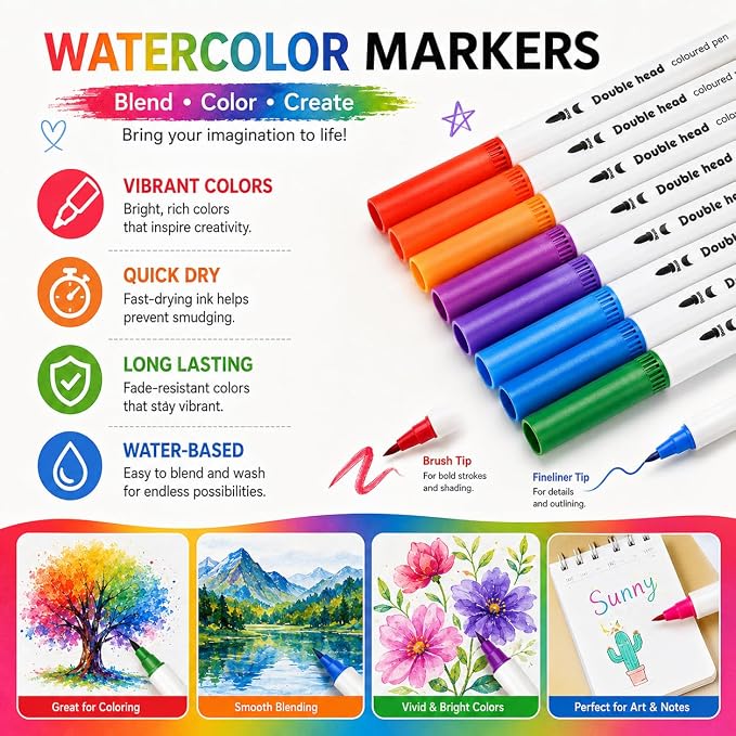 24 Colors Dual Tip Markers, Water Based Art Markers with Brush Tip and Fineliner Tip, Coloring Pens for Drawing, Coloring, Calligraphy, Journaling, Art Supplies for Adults and Kids