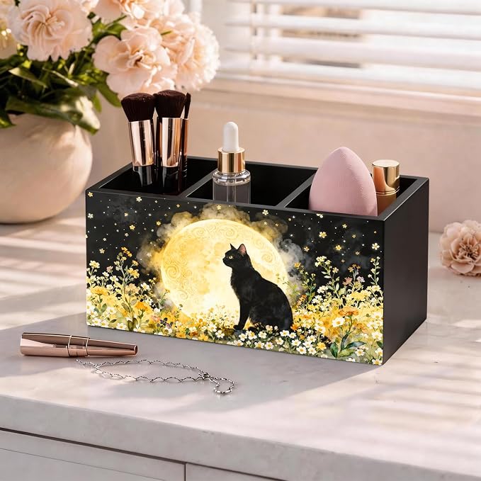 Full Moon Floral Black Cat Pen Holder Organizer Desk Decor, Black Cat Lover Gifts, Whimsical Moonlit Kitty Kitten Wooden Pen Pencil Holders for Home Office Desk Accessories