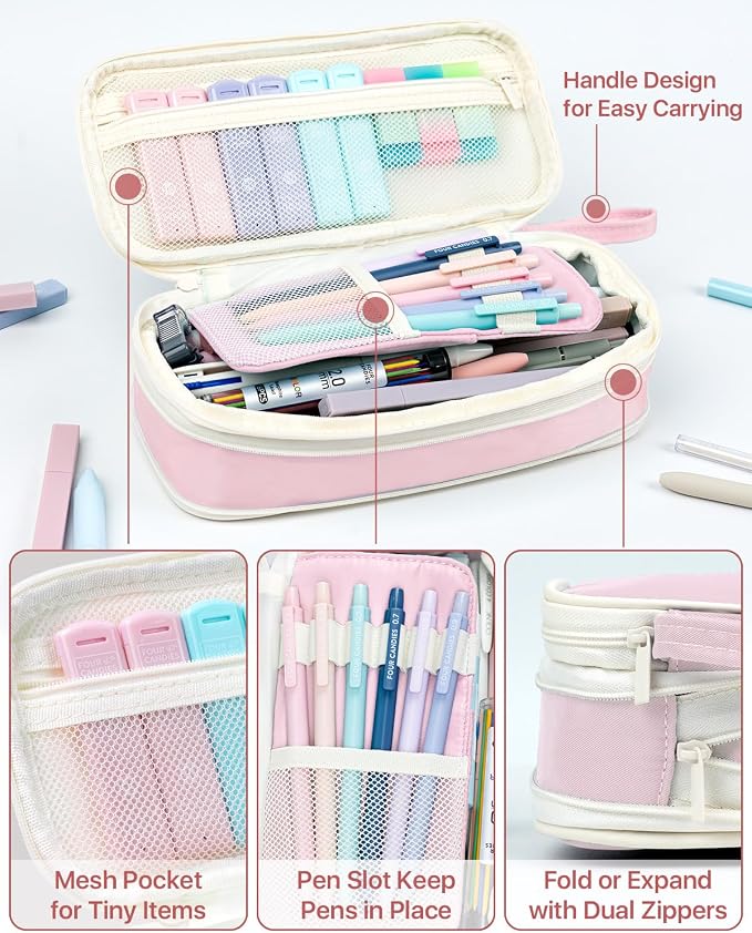 Four Candies 56 PCS School Supplies with Pencil Case, 6 Multicolor Pens, 12 Pastel Highlighters, 5 Gel Pens, 9 Mechanical Pencils for Student Back to School Stationery Set College Essentials (Pink)