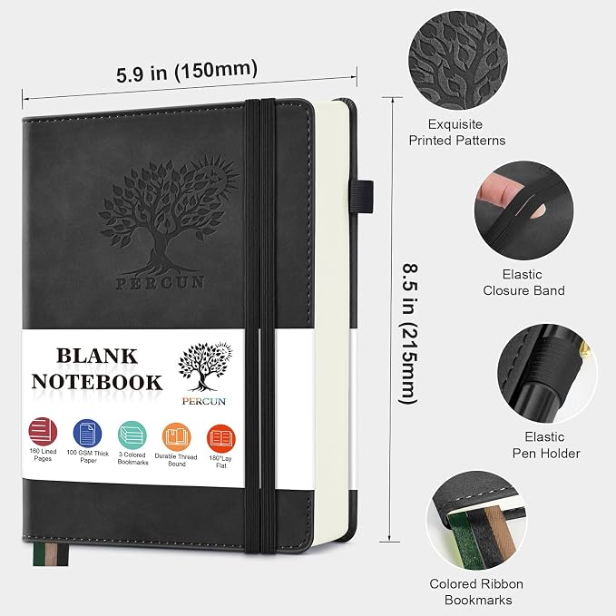 PERCUN Blank Journal Notebook, A5 Hardcover Sketchbook, 140 Pages 5.9"×8.5" | Leather Unlined Notebook for Drawing & Writing, Travel Diary, Art Journal for Men Women, School & Work