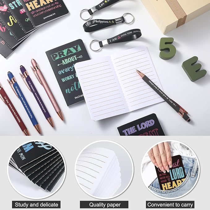 PerKoop 48 Pcs Inspirational Gifts Set 3 x 5 Inch Bible Jesus Notepads Ballpoint Pens Keychains Bulk Mini Farmhouse Journal Notebooks for School Office Party Favor Supplies