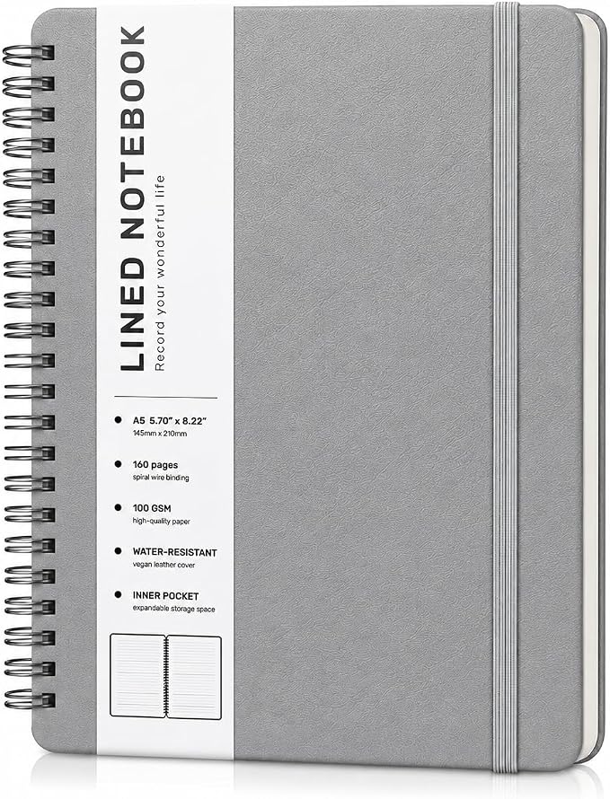 ABERLLS Lined Spiral Journal Notebook with 160 Pages, 8×5.7in, A5 Spiral Notebook, Journaling Notebooks for Work, School, Women, Men, College Ruled Spiral Notebook, Hardcover Leather Journals, Gray