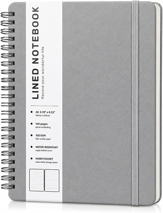 ABERLLS Lined Spiral Journal Notebook with 160 Pages, 8×5.7in, A5 Spiral Notebook, Journaling Notebooks for Work, School, Women, Men, College Ruled Spiral Notebook, Hardcover Leather Journals, Gray