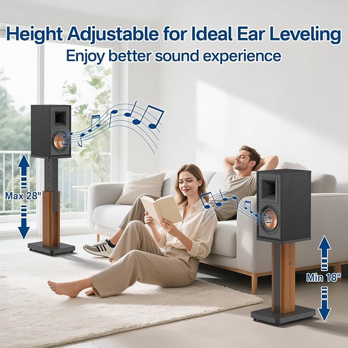 Height Adjustable Speaker Stands Pair for Studio Monitor & Bookshelf Speaker Stands-Wood Grain Floor Speaker Stands for Klipsch, ELAC, JBL, KEF, Edifier Surround Sound Speaker Stand Up to 50 Lbs