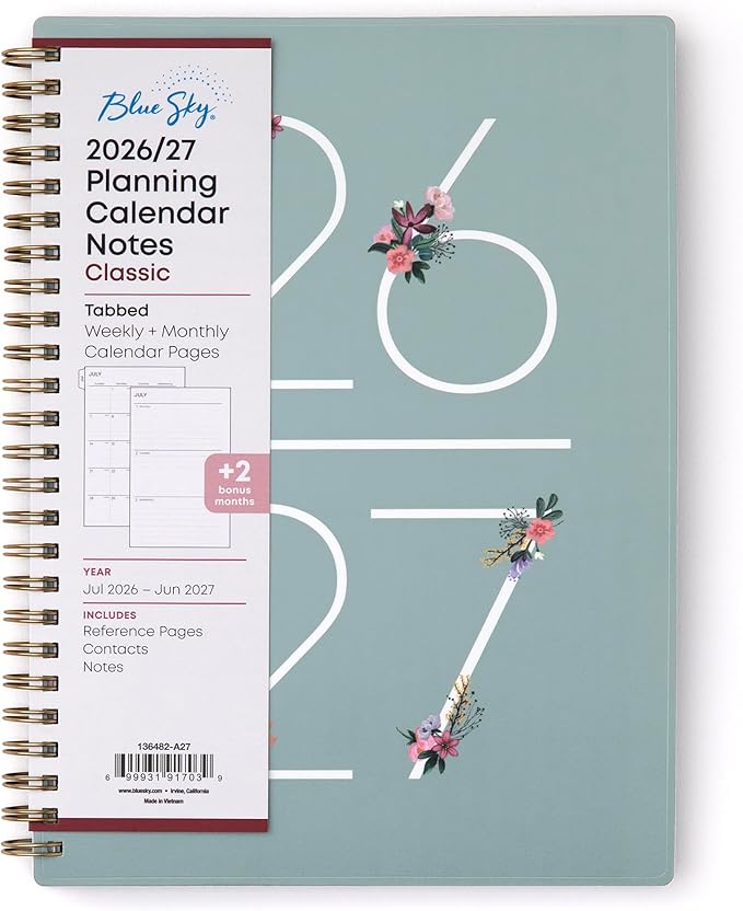 Blue Sky 2026-2027 Weekly & Monthly Academic Planner, 5.875"x8.625", Greta | July 2026 - June 2027, Flexible Cover, Wirebound, Laminated Tabs, Extra 30 Sheets of Notes, Academic Year