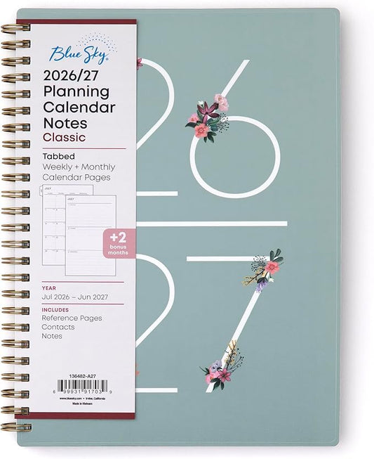 Blue Sky 2026-2027 Weekly & Monthly Academic Planner, 5.875"x8.625", Greta | July 2026 - June 2027, Flexible Cover, Wirebound, Laminated Tabs, Extra 30 Sheets of Notes, Academic Year