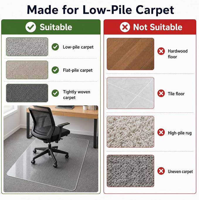Office Chair Mat for Carpet: 36" x 48" Plastic Heavy Duty Computer Desk Mats for Low Flat and No Pile Carpeted Floor - Clear Rug Pad for Rolling Chairs Office Work Home Gaming Rectangle