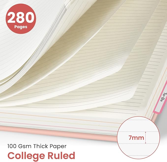 Hardcover Spiral Journal Notebooks for Work With Removable Dividers & Tabs, 8.5"x11" 5 Subject Notebook for Note Taking & Organizer, A4 College Ruled Lined Journal for Women & Writing, Pink, 280 Pages