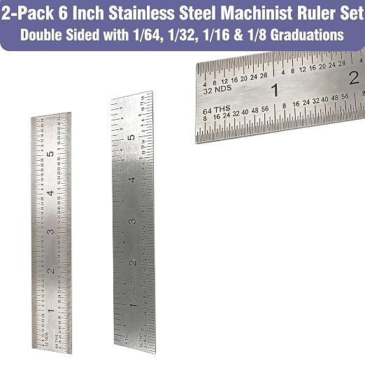 6 Inch Machinist Ruler Set - 2 Pack Stainless Steel Precision Double Sided Ruler with 1/64, 1/32, 1/16 & 1/8 Inch Graduations, Etched Markings - for Engineers,Woodworking and DIY (2, 6 Inch)