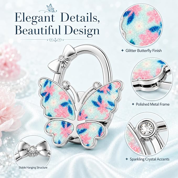 Purse Hook for Table, Foldable Handbag Hanger for Women, Portable Bag Holder with Non-Slip Base, Cute Flower Blue Glitter Butterfly Purse Table Hook for Restaurant Office Travel Gift