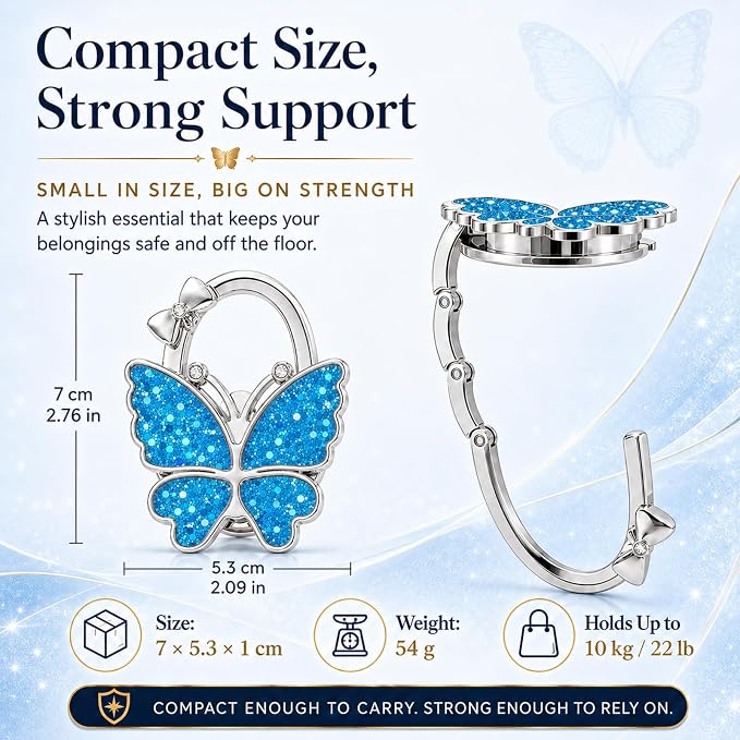Purse Hook for Table, Foldable Handbag Hanger for Women, Portable Bag Holder with Non-Slip Base, Cute Sequin Blue Butterfly Purse Table Hook for Restaurant Office Travel Gift