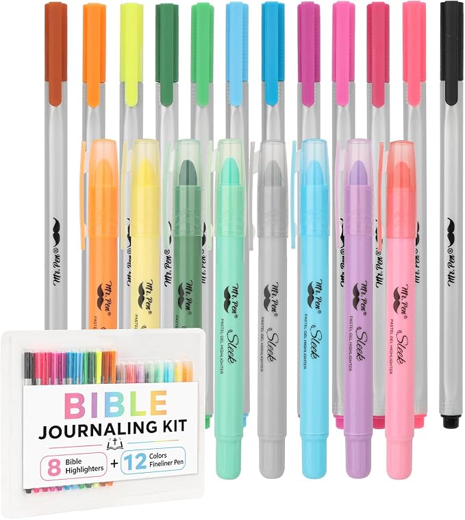 Mr. Pen- Bible Highlighters and Pens, 20 Pack Bible Journaling Kit | 8 Colors Gel Highlighters No Bleed and 12 Colors Fineliner Pens, Fast Dry and No Smear for Journaling, Planner