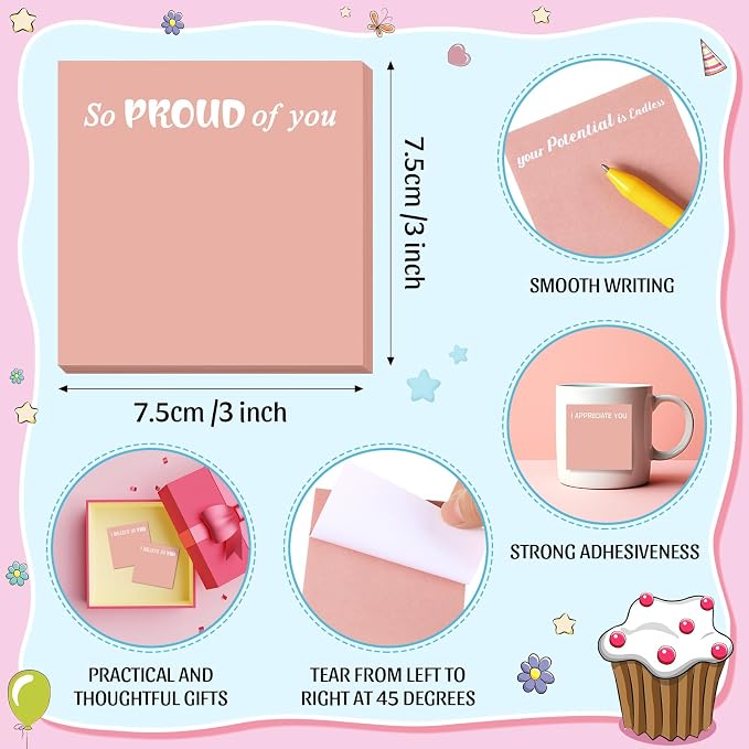 Yinder 24 Pcs Inspirational Sticky Notes, Back to School Supplies, Cute Motivational Sticky Notes Pad Employee Appreciation Gifts Bulk for Teacher Coworker Office 3 x 3'' (Motivational,Pink)