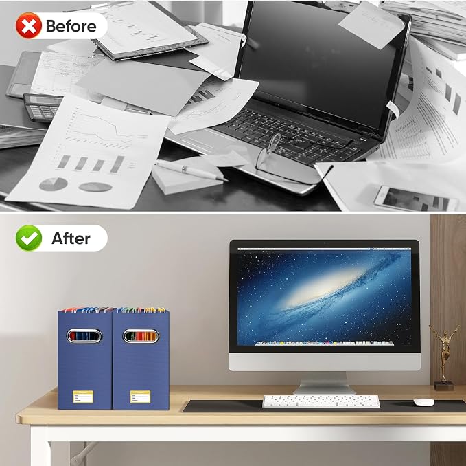 BALEINE File Organizer Box, Cardboard File Folder Organizer with Handle for Letter Size, Portable Collapsible Hanging Filing Box for Home Office Document Storage (8 Pack, Navy)