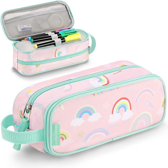 Choco Mocha Girls Pencil Case for Kids, Soft Large Zipper Pencil Pouch for Kids with 2 Compartments Girls Pencil Case for School Rainbow Pencil Bag, Pink