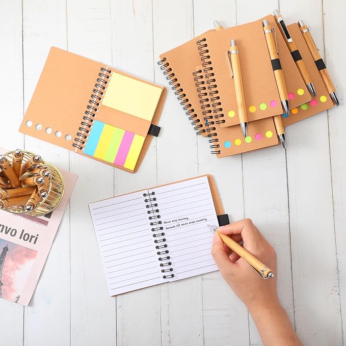 Chuangdi 80 Sets Lined Spiral Notebooks with Sticky Notes and Bamboo Pens, Back-to-school Supplies for Office Teacher Staff, Kraft Notebook with Pen Set Bulk for Employee