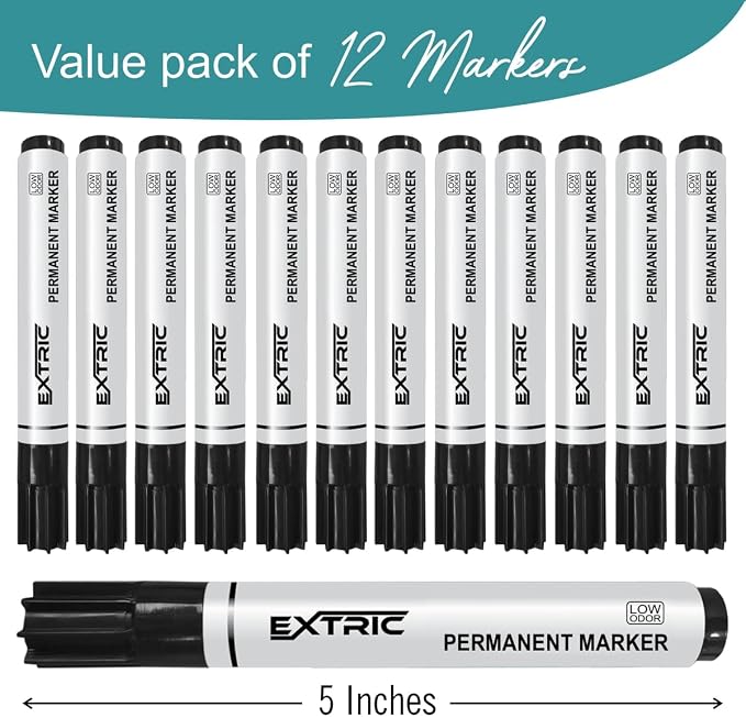EXTRIC Permanent Markers Chisel Tip, Black, 12 Count, Quick Drying Ink, Works on Paper, Wood, Plastic, Metal and Glass, Great for Home, Office and School use