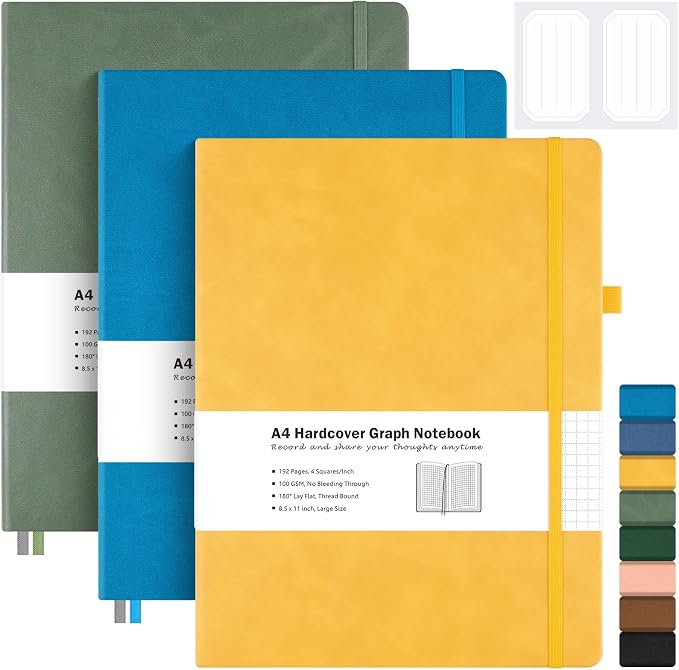 3 Pack Graph Paper Notebook, Hardcover Notebook 8.5 x 11, Grid Notebook Journal for Women, Men, Large Leather Journals for Writing, Thick Paper, A4 Notebooks for Work, School Supplies, Engineering
