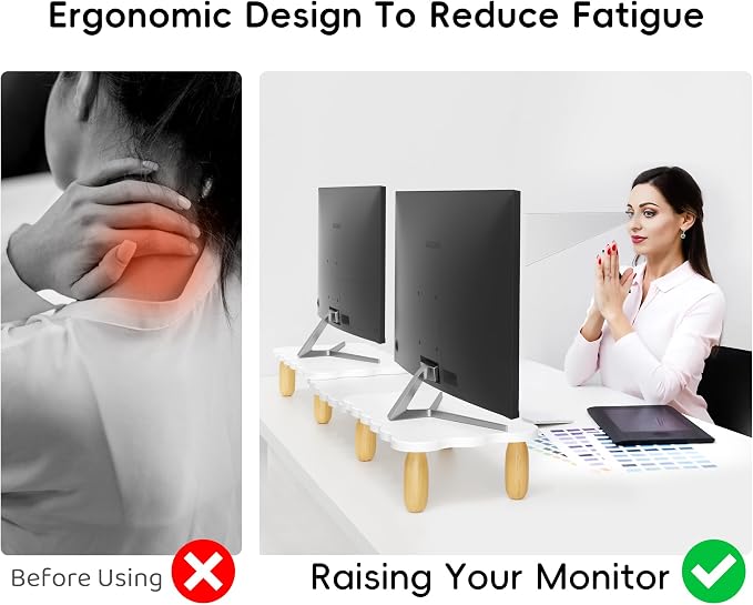 AFOOYO Dual Monitor Riser, Cookie-Shaped Adjustable Length & Swivel Angle, Wooden Desktop Organizer for 2 Monitors,Monitor Stand with Drawer for Laptop, PC, Computer, Printer,White