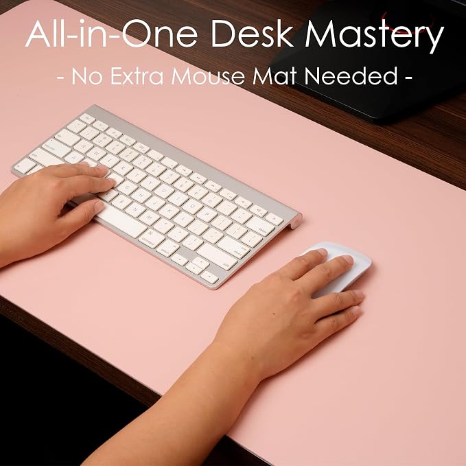 Leather Desk Pad Protector, Waterproof Mouse Pad, PU Desk Mat, Office Desk Cover, Desk Writing Mat for Office/Home/Work/Cubicle (Pink/Silver) 35.4x17 in