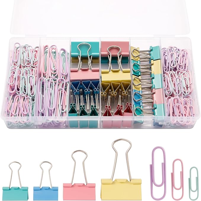 310PCS Colored Paper Clips and Binder Clips Set, Assorted Sizes Binder Clips with Paper Clips Large Medium Small, Office Supplies Stationery Kit for Home School Classroom Organization