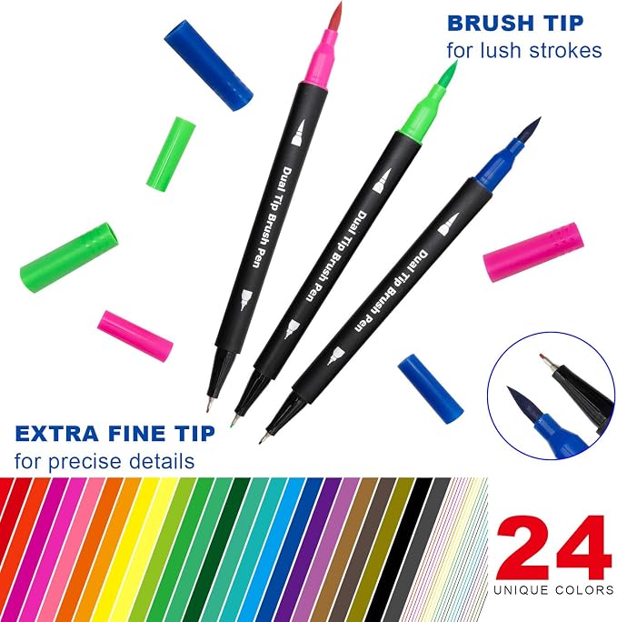 Piochoo Dual Brush Marker Pens,24 Colored Markers,Fine Point and Brush Tip for Adult Coloring Books Bullet Journals Planners,Note Taking Coloring Writing