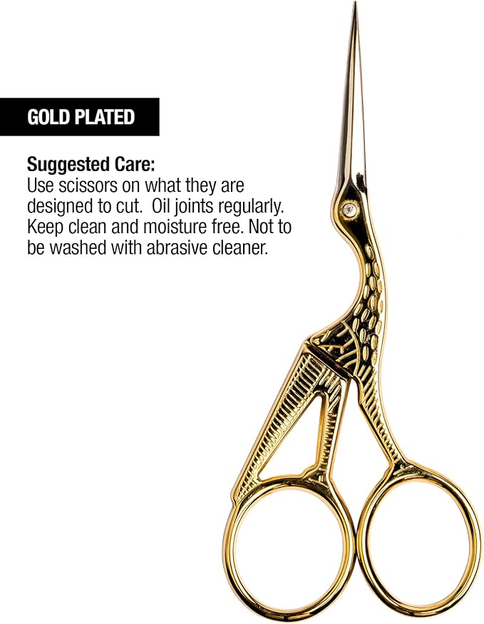 SINGER 4 Inch Forged Embroidery Scissors with Curved Tip for Sewing, Cross-Stiching, Crafts, & More (Gold Stork Design, 1-Pack)