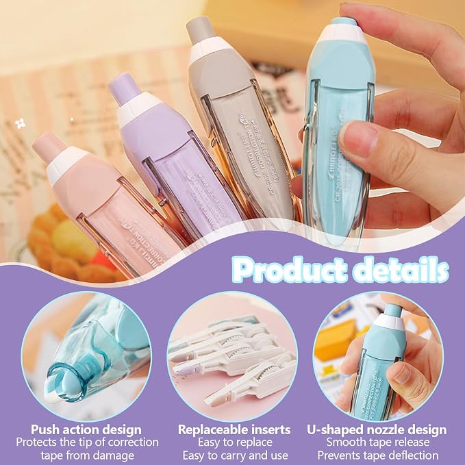 ASTIMESA 4 Pcs Refillable Retractable Correction Tape, Correction Tape Pen Easy to Use, Pen Shaped Applicator for Corrections Office Supplies (4 Colors)