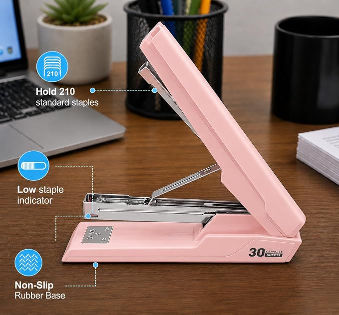 Metal Stapler with 830 Staples, Office Stapler, Staplers for Desk, 30 Sheet Capacity, Non-Slip, Pink