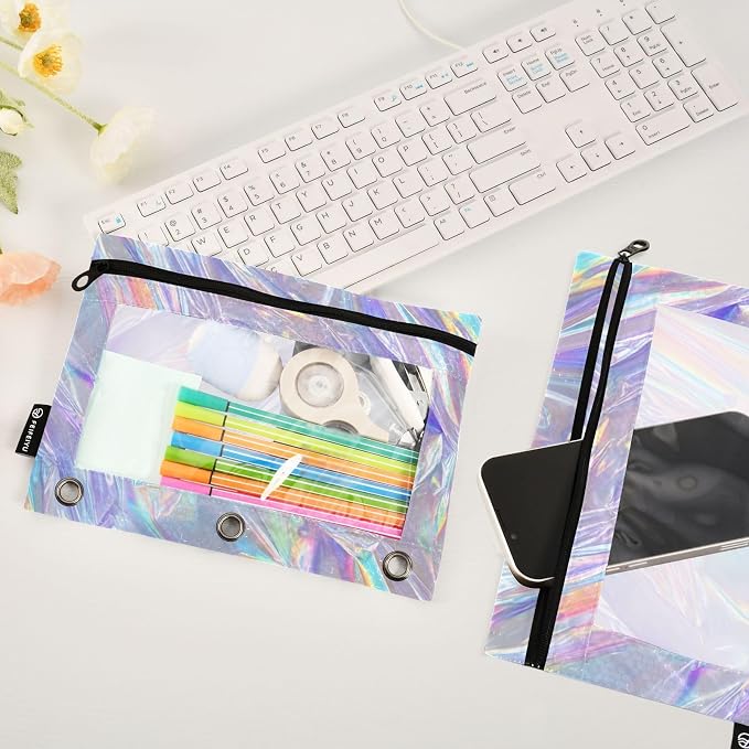 ALAZA Holographic Neon Iridescent Pattern Pencil Pouch for 3 Ring Binder 2 Pack Zipper Binder Pencil Bag Case with Clear Window Office Supplies