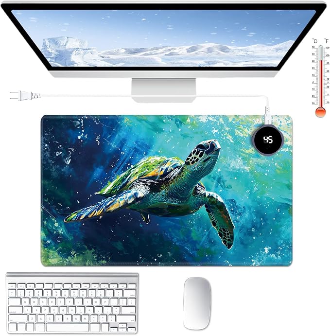 Heated Desk Pad Large Mouse Pad 23.6 x 14.1 inch with 3 Levels Heating & Auto Shut-Off Warm Mouse pad PU Leather Computer Mousepad for Home Office Work - Colorful Turtles