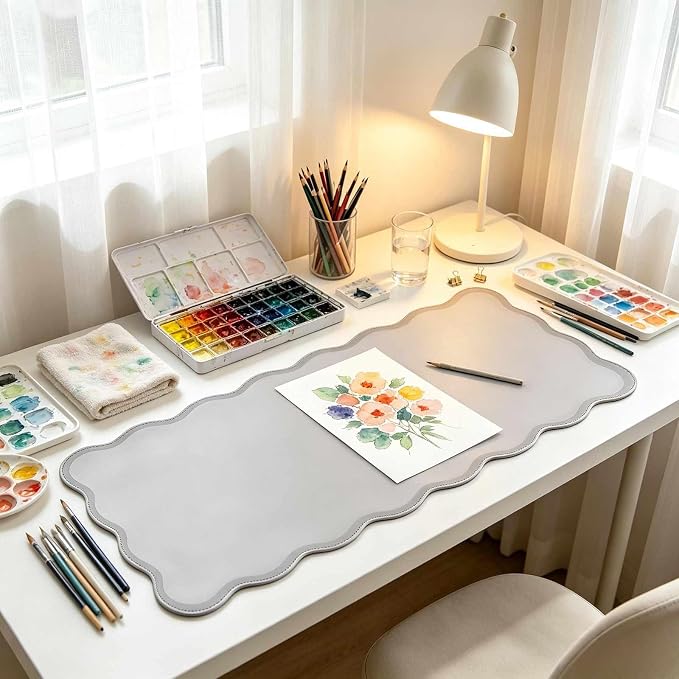 yuboo Grey Scalloped Desk Mat, 31" x 15.7" Large Waterproof Pastel Desk Mat Cottagecore Aesthetic Desk Pad Desktop Keyboard Mouse Mat for Dorm Office Gaming Decor