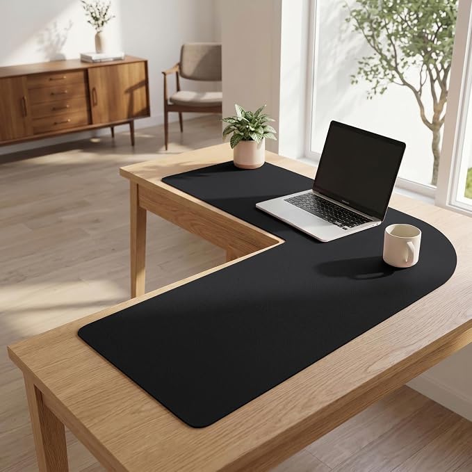 L Shaped Gaming Desk Mat Mouse Pad, Black, 56"x54.8"x16" | PU Leather Corner Desk Mat Blotter, Waterproof Desktop Protector for Computer Keyboard Home Office