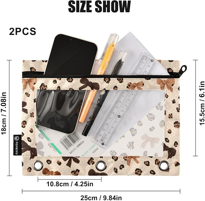 ALAZA Leopard Print Cheetah Bow Pattern Pencil Pouch for 3 Ring Binder 2 Pack Zipper Binder Pencil Bag Case with Clear Window Office Supplies