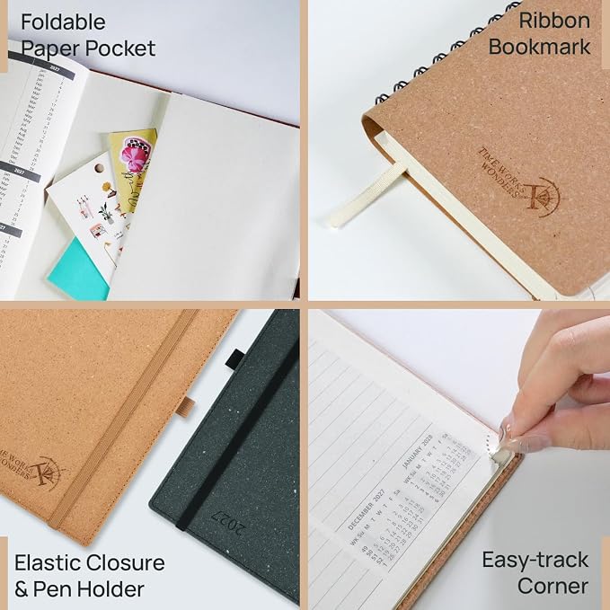 POPRUN 2027 Planner,8.5''x10.5'' Recycled Paper Weekly and Monthly Calendar | Daily Calendar Book with Italian Regenrated Leather, Appointment Book with Hourly Time Slots, Pen Holder - Black Grey